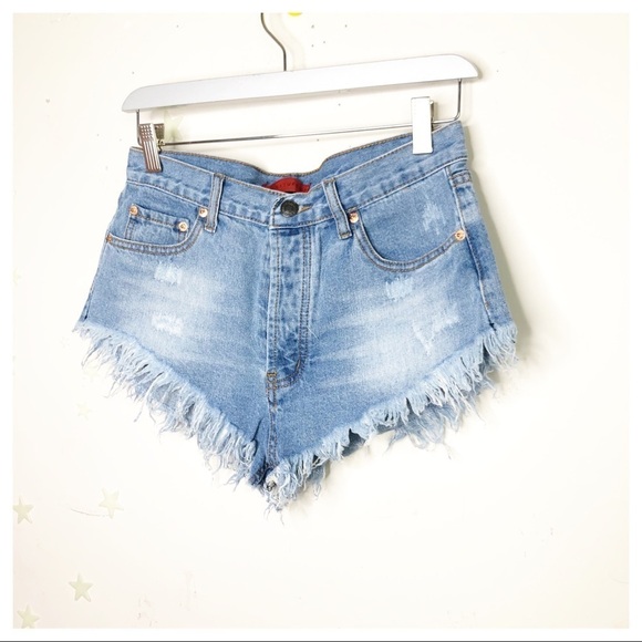 SIGNATURE 8 medium button fly distressed keep it brief micro denim shorts - Picture 2 of 9
